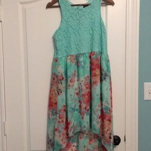 Teal lace and floral girls dress.